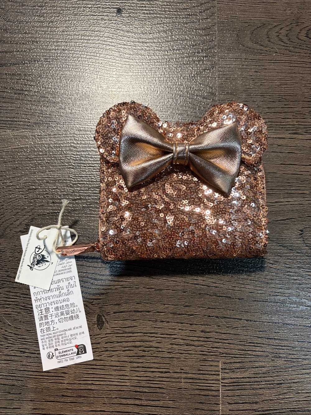 Loungefly Rose Gold Sequin Minnie Wallet with Metallic Bow